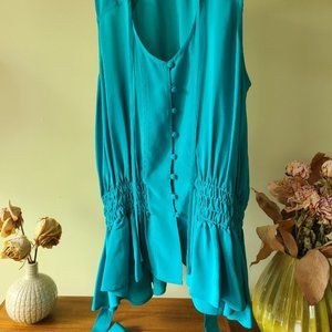 100% silk tank with pleats,  buttons, and bows